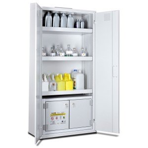 03200014 - Chemikalienschrank für Kleingebinde mit Sicherheitsbox Typ 30, Bauhöhe 1950mm, Breite 950mm, Türen lichtgrau